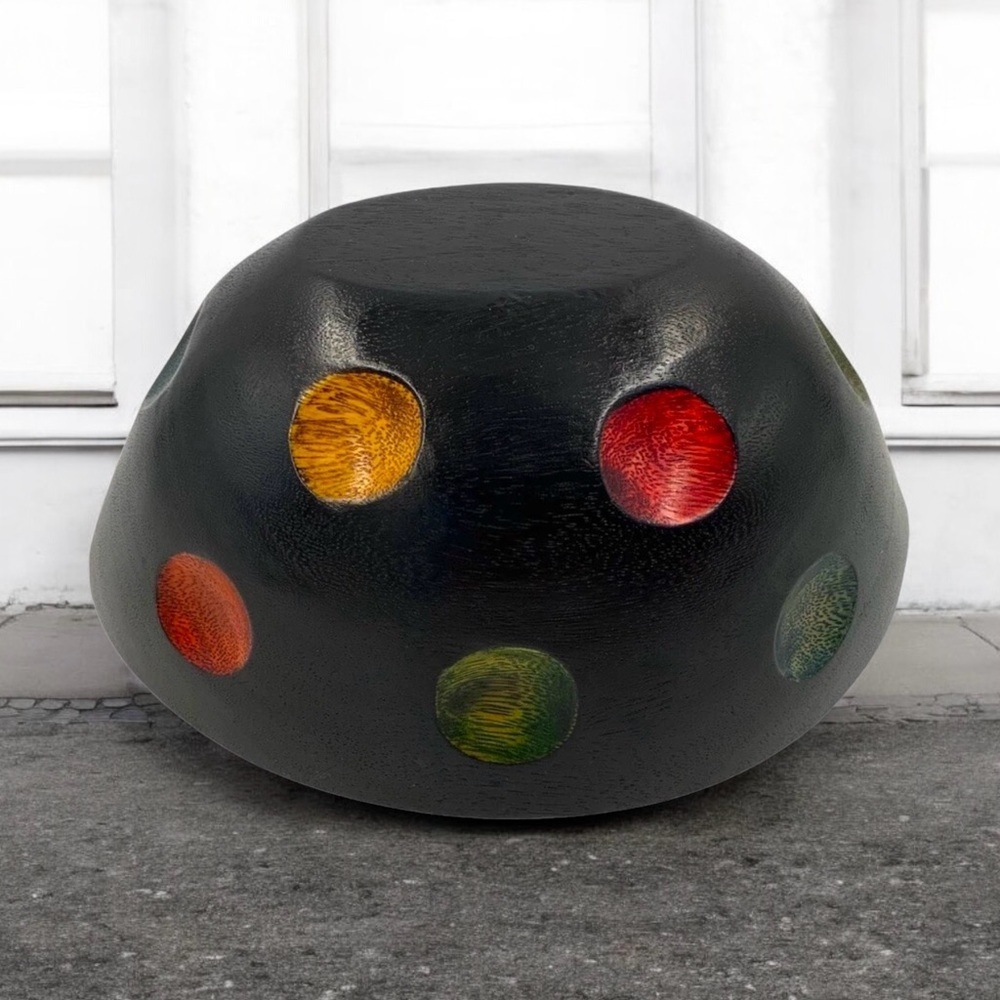 Hand Carved Wood Bowl Decor, Hand Painted Black, Red And Muti-colored Polka Dots - Picture 6 of 8